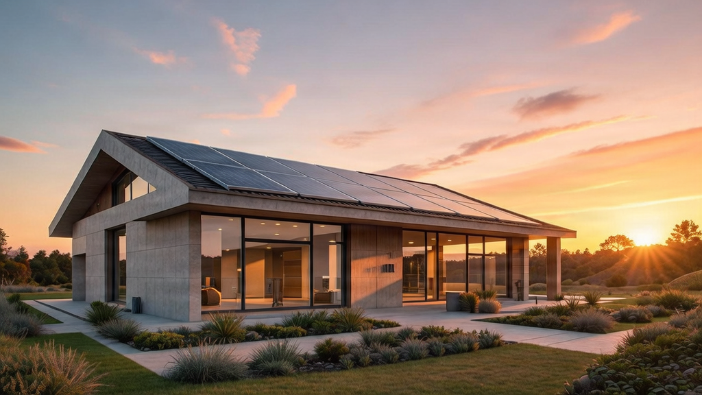 A clean, minimalist background showing a modern solar-powered home at sunset.